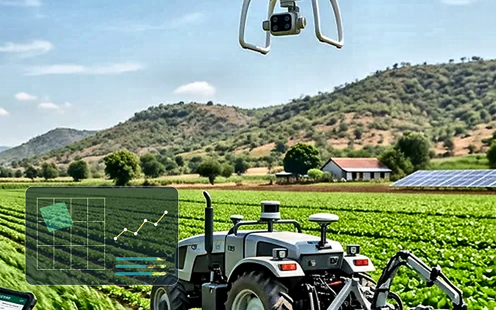 Digital gesteuerter Landwirtschaftsbetrieb mit Drohne und Feldtechnik als Symbol für Agrarsoftware