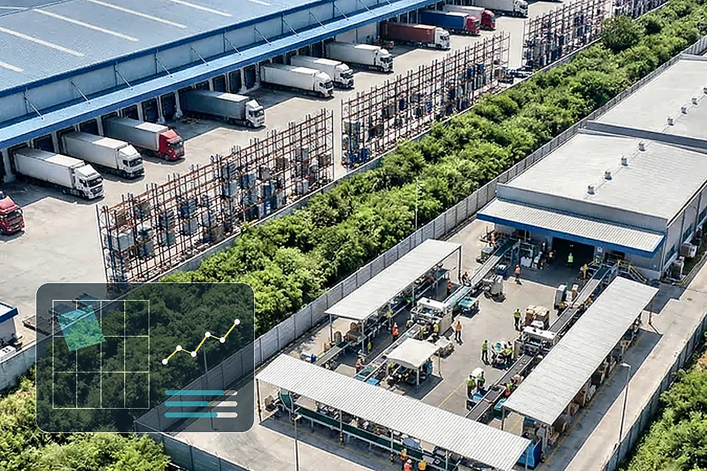 Agrarnaher Unternehmens- und Logistikstandort mit digitaler Steuerungsdarstellung als Symbol für ein Agrarsoftware-Unternehmen